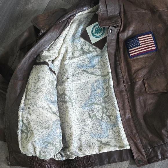 Men's Distressed Brown Leather Bomber Jacket with Flag Patch - Picture 6 of 13